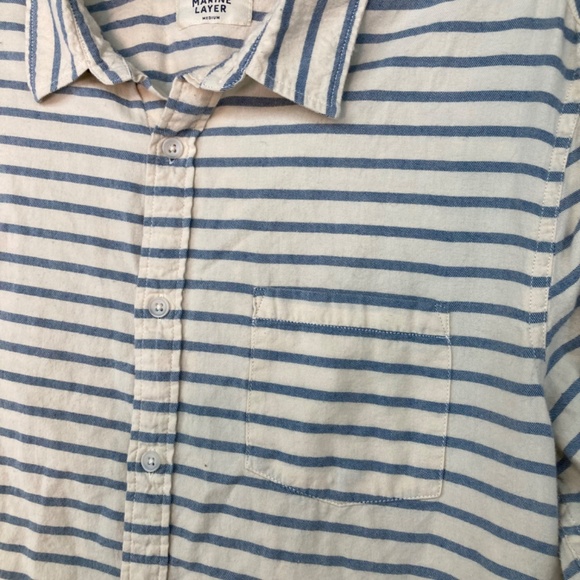 Marine Layer M Striped Button Up Shirt Long Sleeve Cream Blue Cotton Men's - Picture 2 of 6